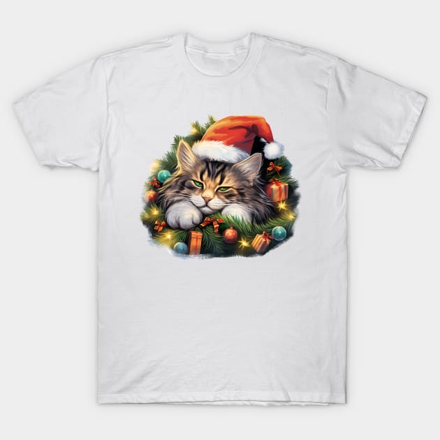 Lazy Norwegian Forest Cat At Christmas T-Shirt by Chromatic Fusion Studio